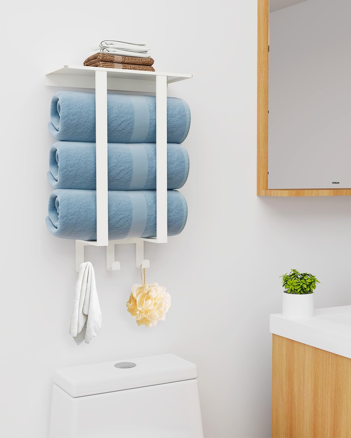 Bethom Towel Racks For Bathroom Wall Mounted, Bathroom Towel Rack With Shelf & 3 Hooks, Towel Storage Rack For Small Bathroom, W